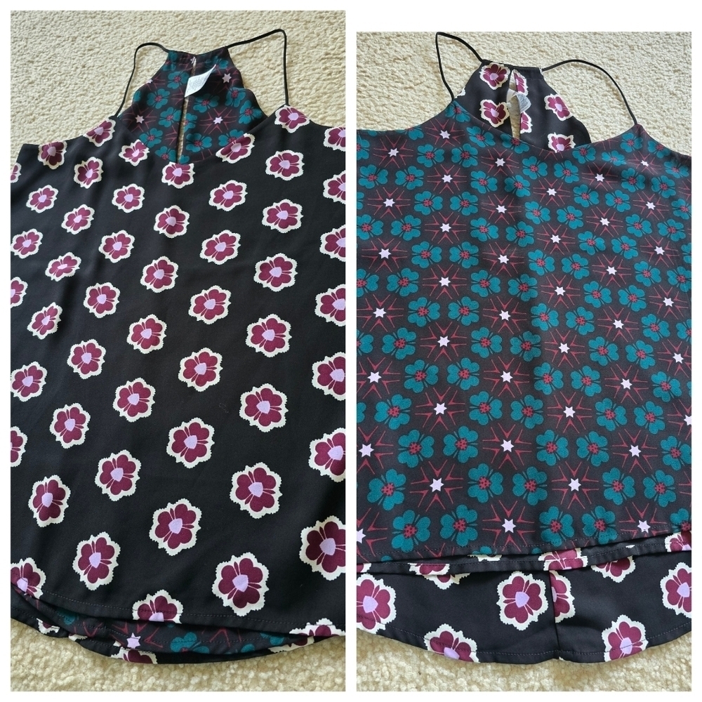 🌈 REVERSIBLE Express Barcelona Blue Green Floral Sleeveless V Neck Size Small